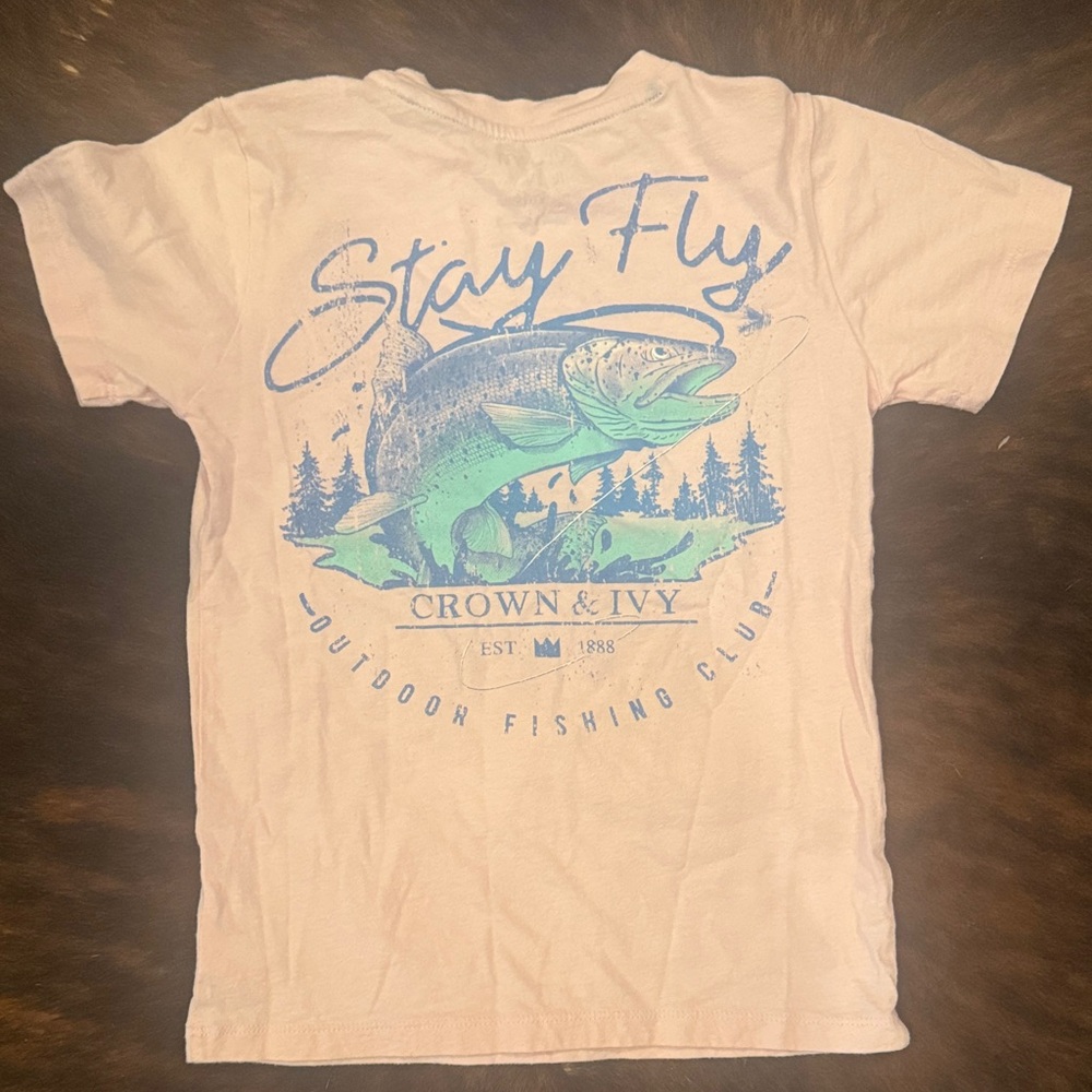 Crown & Ivy Stay Fly Fishing Tee - Blue and Salmon